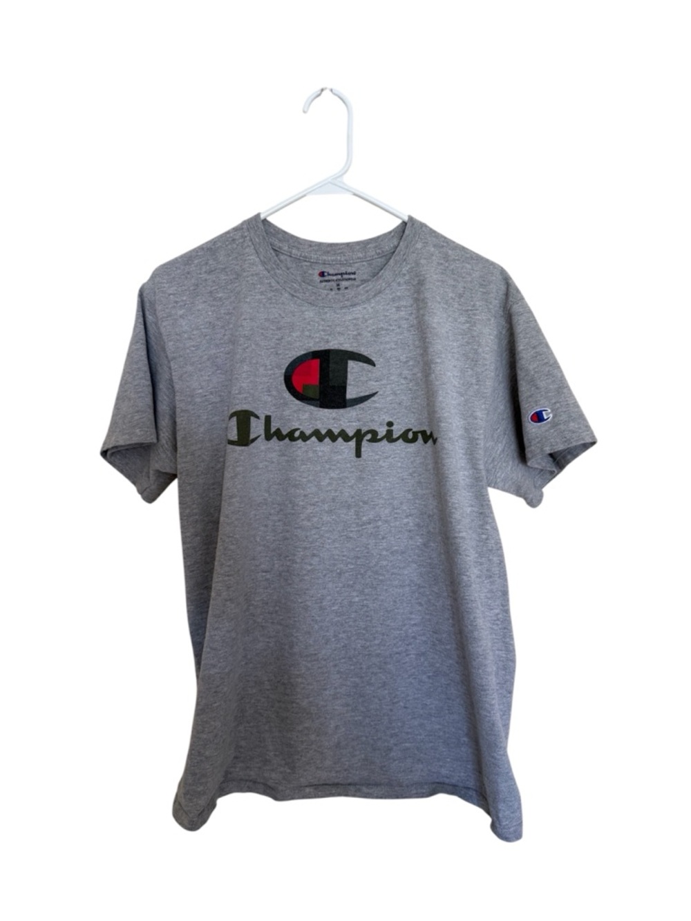 Champion Gray Short Sleeve Logo Tee with Olive and Red Accent